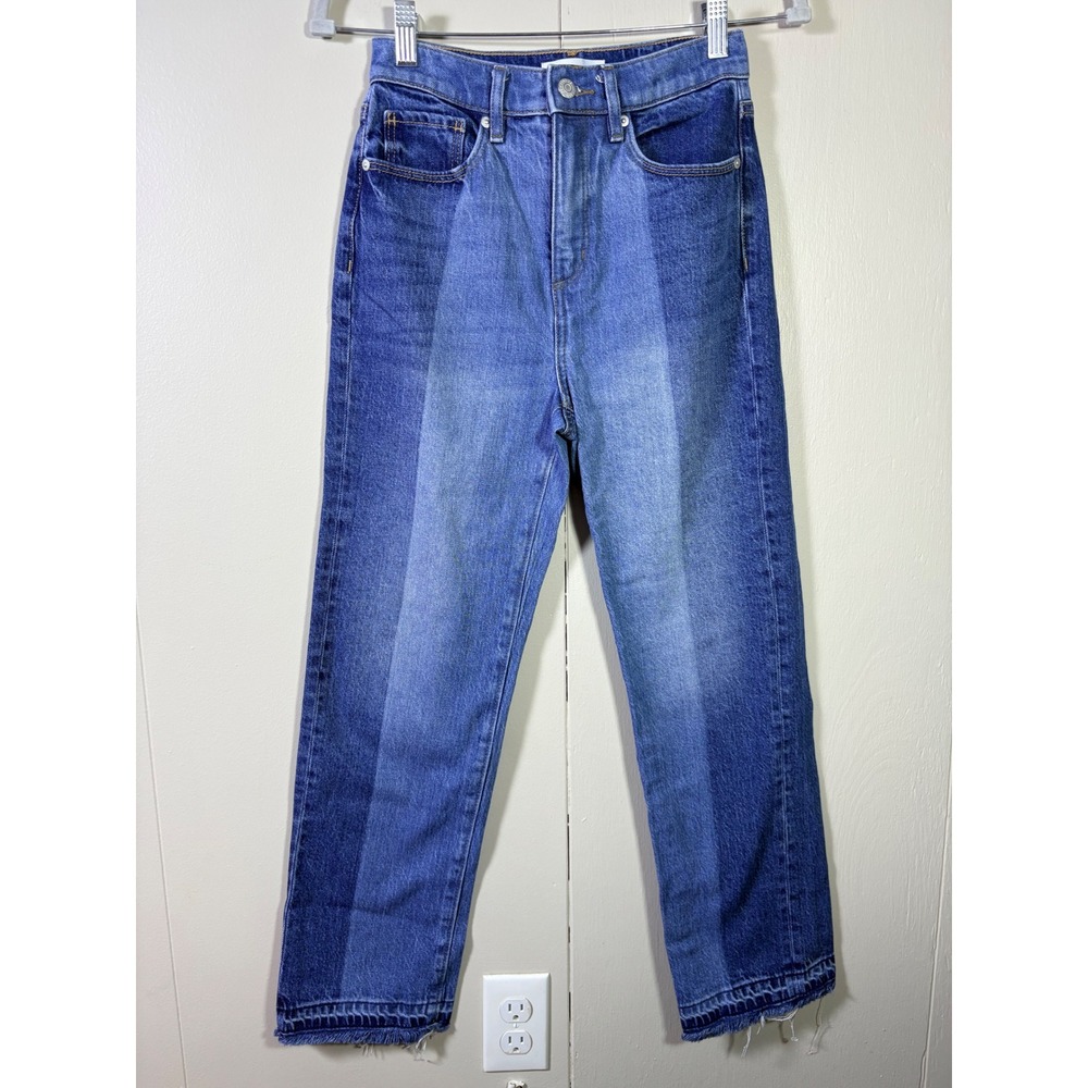 LOFT The Straight Two Tone Blue High Rise Panel Jeans Raw Hem 25/0 Indie Casual